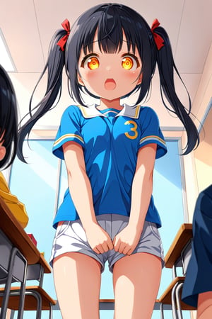 loli , surprise face, black hair, yellow_eyes, twintails, down_view, classroom, blue shirt, white shorts, 