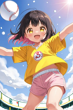 loli, happy face, black hair, yellow_eyes, down_view, snow baseball, pink hair, yellow shirt, brown yellow shorts, throwing balls