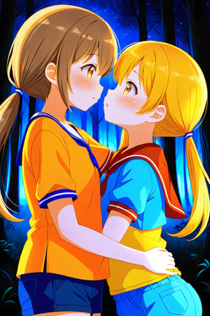 2_girls. loli hypnotized, happy_face, yellow_hair, brown hair, side_view, twin_tails, yellow_eyes, night forest, scout, orange shirt, blue short pants, hugging, kissing