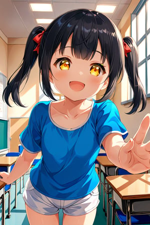 loli , happy face, black hair, yellow_eyes, twintails, down_view, classroom, blue shirt, white shorts, 