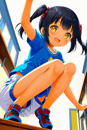 loli , happy face, black hair, yellow_eyes, twintails, down_view, classroom, blue shirt, white shorts, climbing