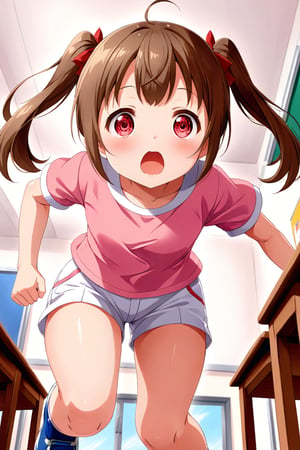 loli , surprise face, brown hair, red_eyes, twintails, down_view, classroom, pink shirt, white shorts, running