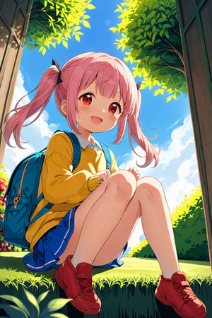 loli, happy face, pink hair, red_eyes, twintails, down_view, green garden, blue skirt, white shirt, yellow sweater, blue backpack, sitting, legs