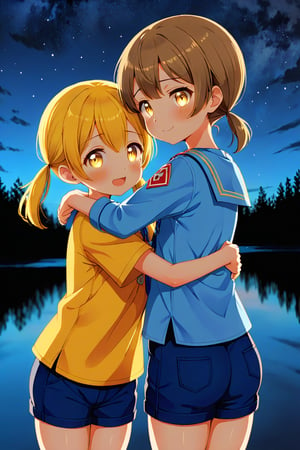 2_girls. loli hypnotized, happy_face, yellow_hair, brown hair, side_view, twin_tails, yellow_eyes, night lake, scout, blue shirt, blue short pants, hugging