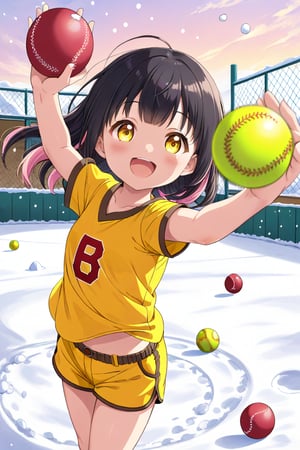 loli, happy face, black hair, yellow_eyes, front_view, snow baseball, pink hair, yellow shirt, brown yellow shorts, throwing balls