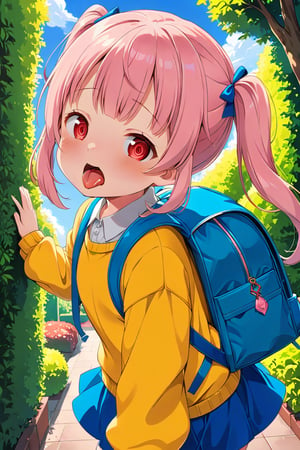 loli, lewd face, pink hair, red_eyes, twintails, down_view, green garden, blue skirt, white shirt, yellow sweater, blue backpack, sticking_out_tongue