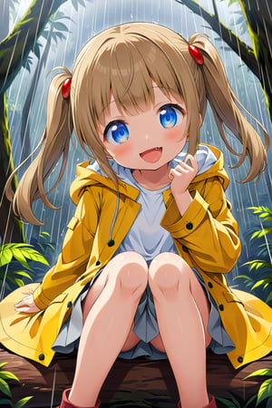 loli , happy face, twintails, yellow brown hair, blue_eyes, down_view, rain forest, white shirt, gray skirt, yellow raincoat, sticking_out_tongue, sitting