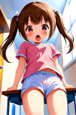 loli , surprise face, brown hair, red_eyes, twintails, down_view, classroom, pink shirt, white shorts, sticking_out_tongue