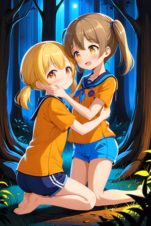 2_girls. loli hypnotized, happy_face, yellow_hair, brown hair, side_view, twin_tails, yellow_eyes, night forest, scout, orange shirt, blue short pants, crouched, hugging