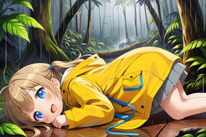 loli , happy face, twintails, yellow brown hair, blue_eyes, side_view, rain forest, white shirt, gray skirt, yellow raincoat, sticking_out_tongue, lying down