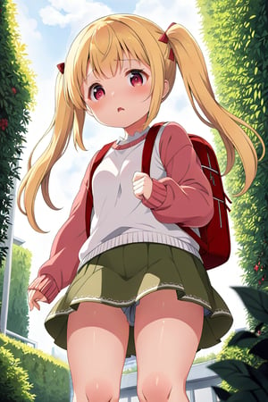 loli, lewd face, yellow hair, red_eyes, twintails, down_view, gray garden, green skirt, white shirt, red sweater, pink backpack, 