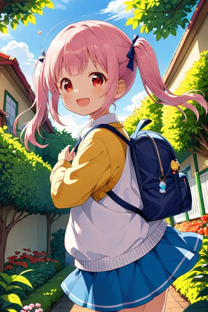 loli, happy face, pink hair, red_eyes, twintails, down_view, green garden, blue skirt, white shirt, yellow sweater, blue backpack