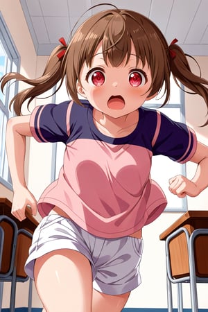 loli , surprise face, brown hair, red_eyes, twintails, down_view, classroom, pink shirt, white shorts, running