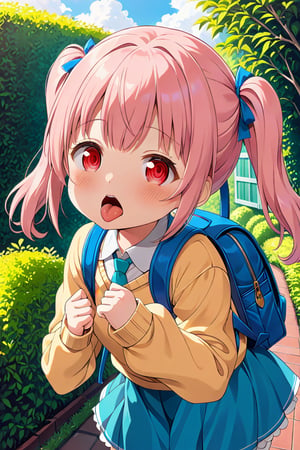 loli, lewd face, pink hair, red_eyes, twintails, down_view, green garden, blue skirt, white shirt, yellow sweater, blue backpack, sticking_out_tongue