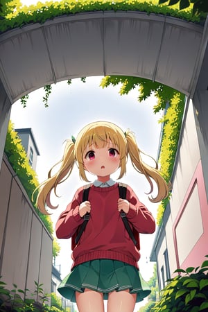 loli, lewd face, yellow hair, red_eyes, twintails, down_view, gray garden, green skirt, white shirt, red sweater, pink backpack, 