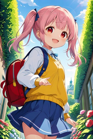 loli, happy face, pink hair, red_eyes, twintails, down_view, green garden, blue skirt, white shirt, yellow sweater, blue backpack