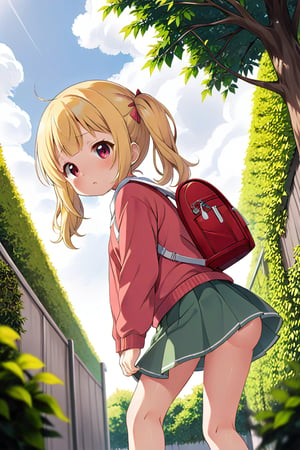 loli, lewd face, yellow hair, red_eyes, twintails, down_view, gray garden, green skirt, white shirt, red sweater, pink backpack, dog_pose