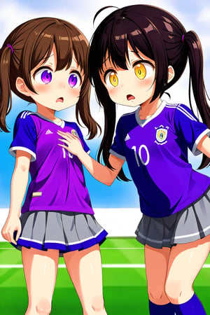 2_girls. loli hypnotized, sad_face, black_hair, brown hair, side_view, twin_tails, yellow_eyes, soccer, purple shirt, gray skirt, sticking_out_tongue, 