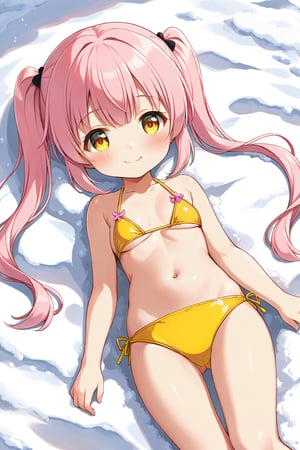 little loli, happy face,  yelloe pink hair, twin_tails, yellow_eyes, front_view, snow beach, yellow bikini, lying