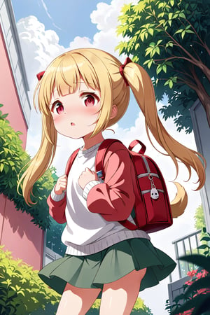 loli, lewd face, yellow hair, red_eyes, twintails, down_view, gray garden, green skirt, white shirt, red sweater, pink backpack, dog_pose