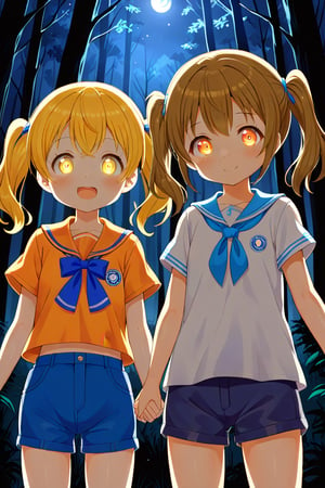 2_girls. loli hypnotized, happy_face, yellow_hair, brown hair, front_view, twin_tails, yellow_eyes, night forest, scout, orange shirt, blue short pants, 
