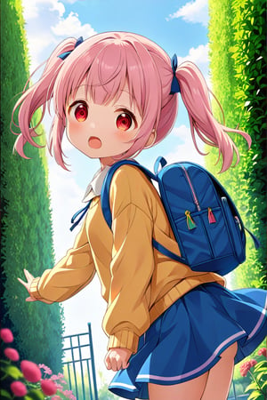 loli, surprise face, pink hair, red_eyes, twintails, down_view, green garden, blue skirt, white shirt, yellow sweater, blue backpack