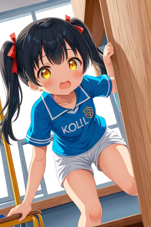 loli , surprise face, black hair, yellow_eyes, twintails, down_view, classroom, blue shirt, white shorts, climbing