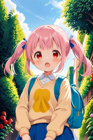 loli, surprise face, pink hair, red_eyes, twintails, down_view, green garden, blue skirt, white shirt, yellow sweater, blue backpack