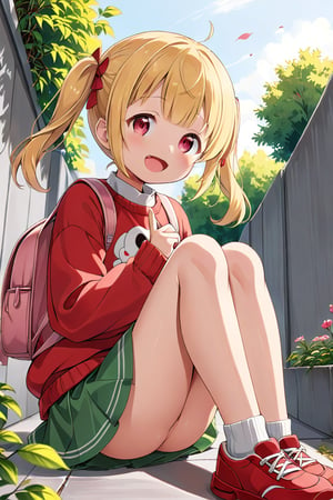 loli, happy face, yellow hair, red_eyes, twintails, down_view, gray garden, green skirt, white shirt, red sweater, pink backpack, sitting, legs_spread, sticking_out_tongue