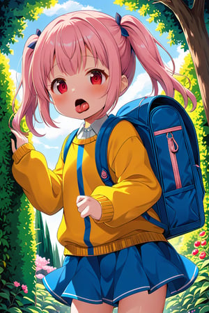 loli, lewd face, pink hair, red_eyes, twintails, down_view, green garden, blue skirt, white shirt, yellow sweater, blue backpack, sticking_out_tongue