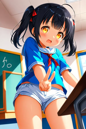 loli , surprise face, black hair, yellow_eyes, twintails, down_view, classroom, blue shirt, white shorts, 