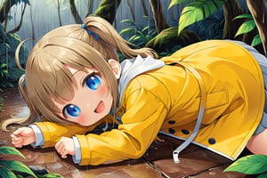 loli , happy face, twintails, yellow brown hair, blue_eyes, side_view, rain forest, white shirt, gray skirt, yellow raincoat, sticking_out_tongue, lying down