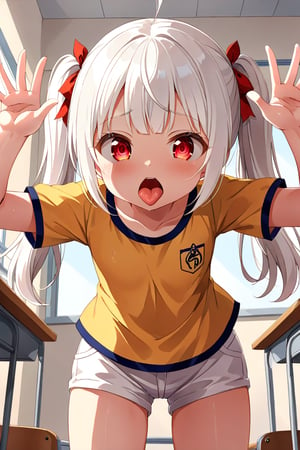 loli , lewd face, white hair, red_eyes, twintails, down_view, classroom, yellow shirt, white shorts, sticking_out_tongue, hands_raised