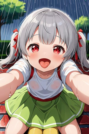 loli , happy face, twintails, gray hair, red_eyes,up_view, rain park, white shirt, green skirt, lying, sticking_out_tongue, 