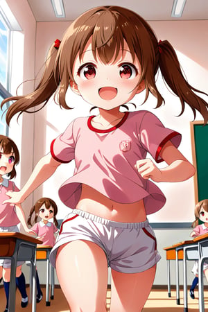 loli , happy face, brown hair, red_eyes, twintails, down_view, classroom, pink shirt, white shorts, running