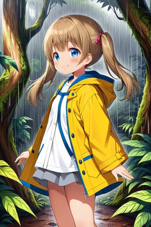 loli , happy face, twintails, yellow brown hair, blue_eyes, side_view, rain forest, white shirt, gray skirt, yellow raincoat