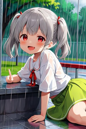 loli , happy face, twintails, gray hair, red_eyes, side_view, rain park, white shirt, green skirt, lying, sticking_out_tongue, 