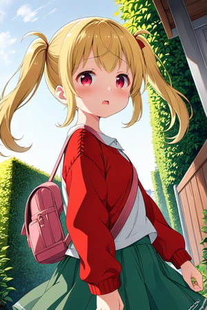 loli, lewd face, yellow hair, red_eyes, twintails, down_view, gray garden, green skirt, white shirt, red sweater, pink backpack, 