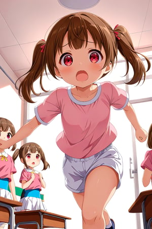 loli , surprise face, brown hair, red_eyes, twintails, down_view, classroom, pink shirt, white shorts, running