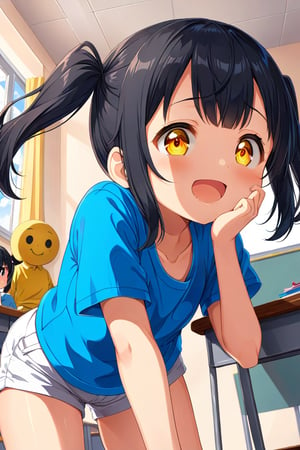 loli , happy face, black hair, yellow_eyes, twintails, down_view, classroom, blue shirt, white shorts, hurted