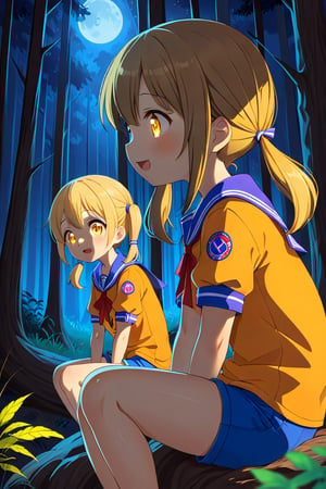 2_girls. loli hypnotized, happy_face, yellow_hair, brown hair, side_view, twin_tails, yellow_eyes, night forest, scout, orange shirt, blue short pants, sitting