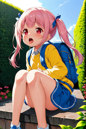 loli, lewd face, pink hair, red_eyes, twintails, down_view, green garden, blue skirt, white shirt, yellow sweater, blue backpack, sitting, sticking_out_tongue, arms_raised, legs_open