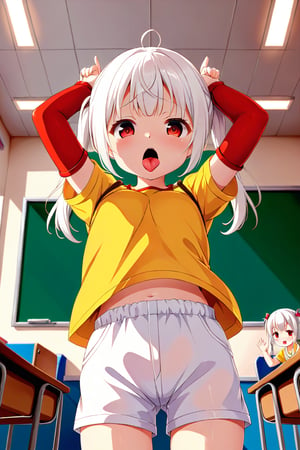 loli , lewd face, white hair, red_eyes, twintails, down_view, classroom, yellow shirt, white shorts, sticking_out_tongue, hands_raised