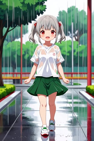 loli , happy face, twintails, gray hair, red_eyes, front_view, rain park, white shirt, green skirt, white shoes, walking