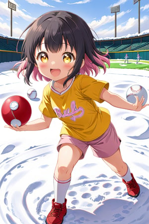 loli, happy face, black hair, yellow_eyes, front_view, snow baseball, pink hair, yellow shirt, brown yellow shorts, throwing balls