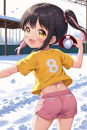 loli, happy face, black hair, yellow_eyes, back_view, snow baseball, pink hair, yellow shirt, brown yellow shorts, throwing balls