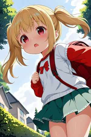 loli, lewd face, yellow hair, red_eyes, twintails, down_view, gray garden, green skirt, white shirt, red sweater, pink backpack, 