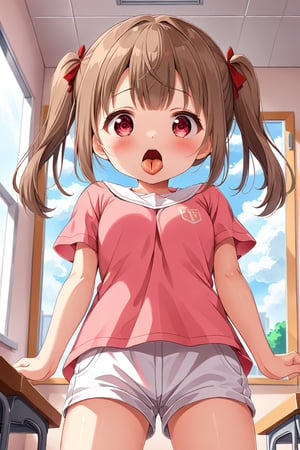 loli , surprise face, brown hair, red_eyes, twintails, down_view, classroom, pink shirt, white shorts, sticking_out_tongue