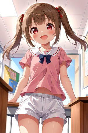 loli , happy face, brown hair, red_eyes, twintails, down_view, classroom, pink shirt, white shorts, 