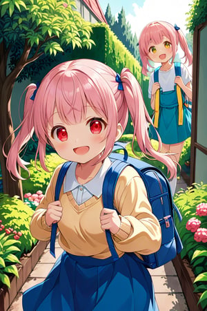 loli, happy face, pink hair, red_eyes, twintails, down_view, green garden, blue skirt, white shirt, yellow sweater, blue backpack